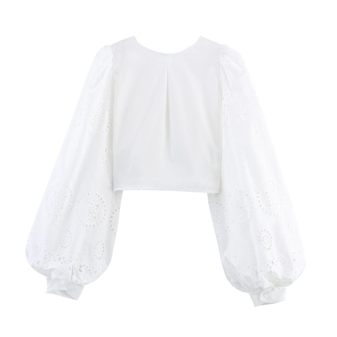 Blusa Bianca Donna Ricamo Traforato Manica a Lanterna Scollo a V Bordo Festonato Stile Francese Elegante Top