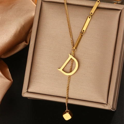 Stainless Steel Initial Letter Pendant Necklace For Women Gold Y Lariat Chain Alphabet Cubic Dangle Necklace Simple Jewelry Gift