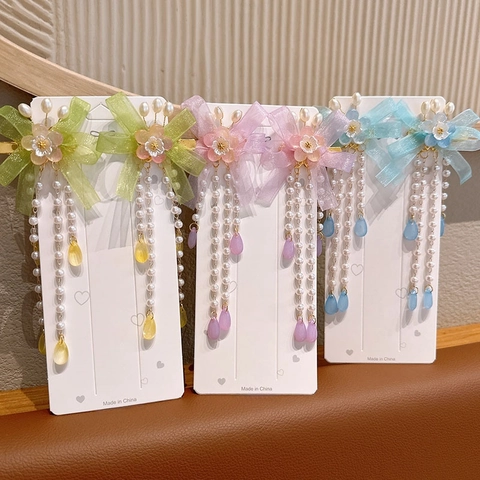 Fermagli Per Capelli Farfalla Fiore Stile Antico Con Lunghe Nappe Nastri Künstliche Perle Sintetiche Accessori Hanfu Per Ragazze