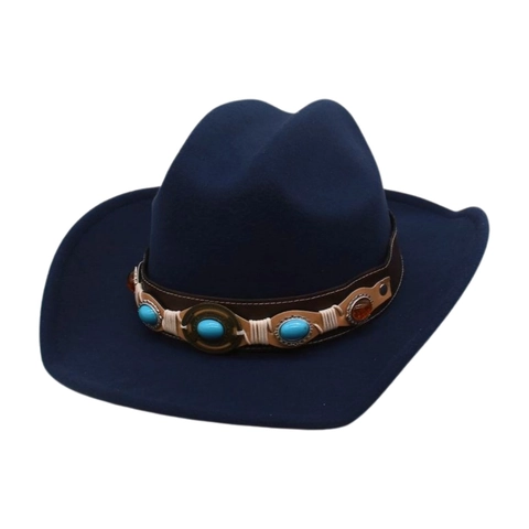 Western Cowboy Hat Polyester Felt Bohemian Retro Ethnic Faux Turquoise Leather Band