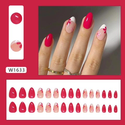 Uñas Postizas De Almendra Color Rosa Rojo Diseño Floral Largas Puntiagudas Plástico ABS Removibles Para Mujeres