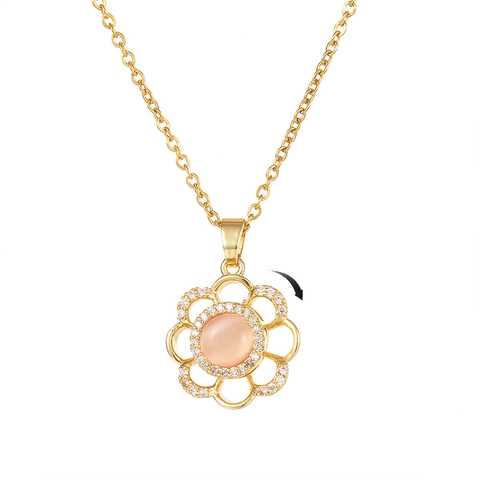 Rotating Flower Pendant Necklace Copper With Pink Cat Eye Stone Zircon Stainless Steel Chain For Women Trendy Jewelry