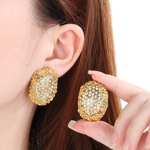 Orecchini Ovali In Acciaio Inossidabile Con Strass Texture Lavica Martellata Gioielli Eleganti Per Donne