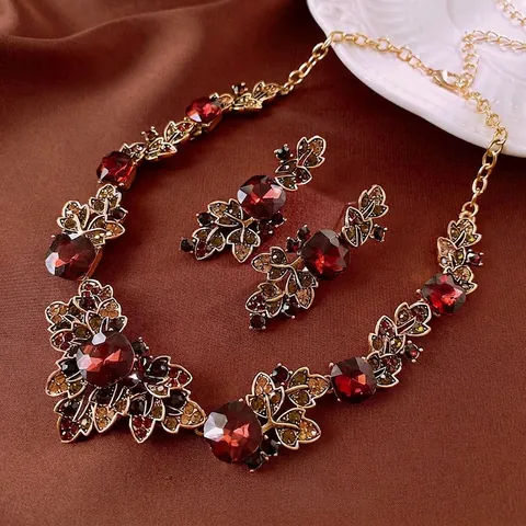 Gioielli Barocchi Pietra Rossa Collana E Orecchini Vintage Lega Design Foglia Con Perno In Argento Per Donna