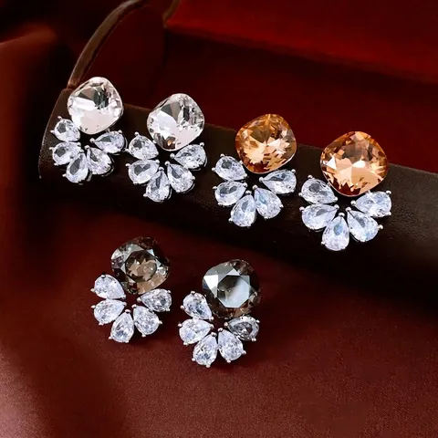 Luxus Fächerförmige Zirkon Ohrstecker Für Damen Kissen Schliff Wassertropfen Kupfer Schmuck Mit Silber Ohrring Stecker Französisch Stil
