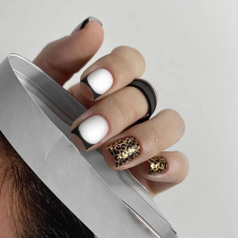 Press On Nails Short Square Matte Black French Gold Foil Leopard Print Artificial Finger Nails For Women