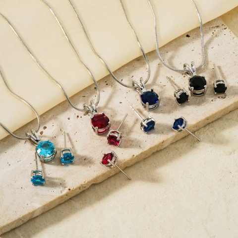 Round Glass Gemstone Necklace And Stud Earrings Jewelry Copper Snake Chain Elegant Fashion Light Luxury For Women