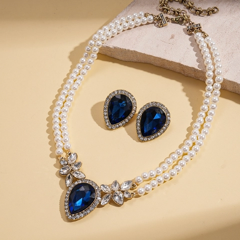 Retro Palace Luxury Necklace And Earrings Blue Water Drop Rhinestone Alloy Faux Artificial Pearl Bridal Wedding Jewelry