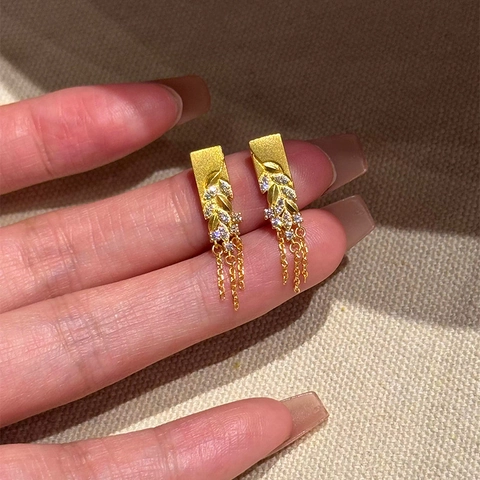 Wheat Ear Tassel Drop Earrings For Women With Zircon Copper Gold Plated And Silver Earring Post Elegant Jewelry