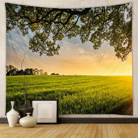 Arazzo Da Parete Paesaggio Naturale Tramonto Campo Verde Albero Tessuto Poliestere Decorazione Stanza Stile Boho