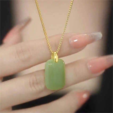 Collana Con Pendente Acciaio Inossidabile Verde Smeraldo Rettangolare Imitazione Giada Elegante Lusso Catena Clavicola Gioielli Donna