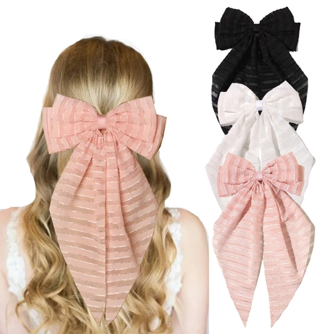 Fermaglio Per Capelli Con Fiocco Grande Rete A Righe Nastri Lunghi Accessori Eleganti Per Donne Ragazze