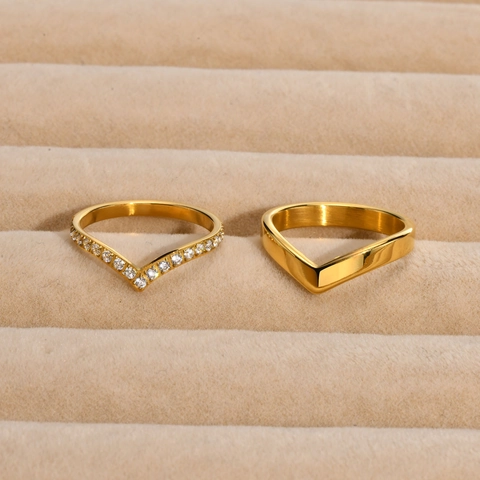 Chevron Ring V Shaped And Cubic Zirconia Ring Stainless Steel Minimalist Stackable Gold Silver Tone Jewelry For Women