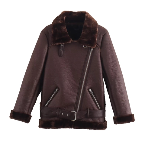 Dames Casual PU Kunstleer Bikerjack Warme Imitatiebontvoering Revers Rits Shearling Aviator Jas Winter Streetwear