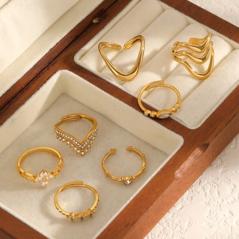 Gouden Ringen Voor Dames 18K Verguld 304 Roestvrij Staal Zirkonia Verstelbaar Geometrisch Minimalistisch Dagelijks Waterdicht