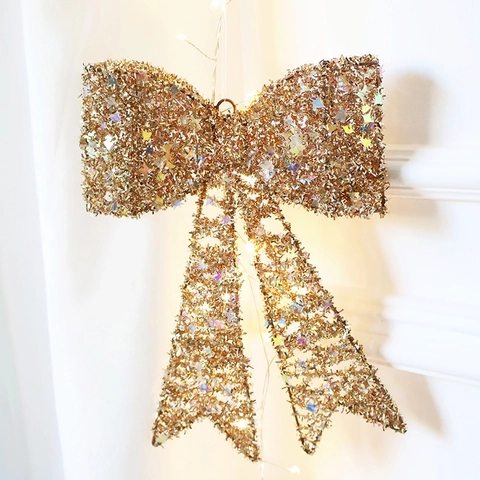 Large Stereoscopic Iron Christmas Bowknot Hanging Ornament Shiny Champagne Gold Sequin Star Glitter Festive Tree Decor