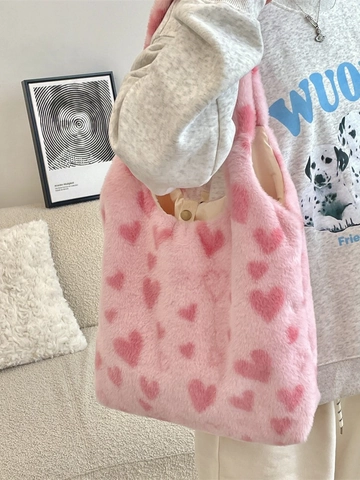 Pinker Plüsch Shopper Tasche Kunstpelz Herzmuster Große Kapazität Schultertasche Damen Herbst Winter Weich Süßer Stil