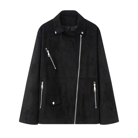 Chaqueta Motera de Gamuza Sintética para Mujer Solapa Cremallera Asimétrica Ajuste Holgado Largo Medio Abrigo Liso