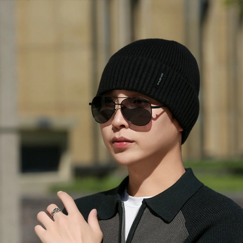 Bonnet En Maille Acrylique Chaud Doublé Polaire Nervuré À Revers Coupe-Vent Unisexe