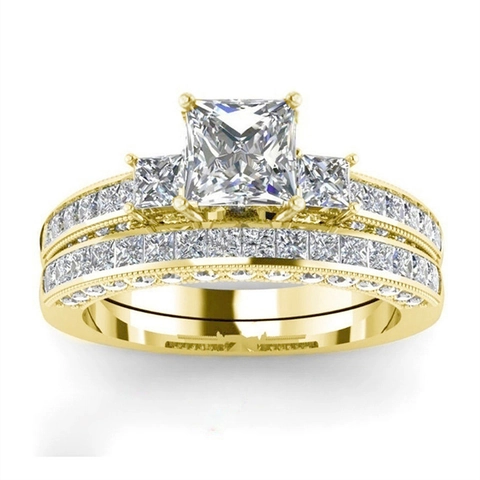 Prinses Geslepen Vierkante Zirkoon Hoofdring En Band Koper Bruiloft Verloving Luxe Sieraden Voor Dames