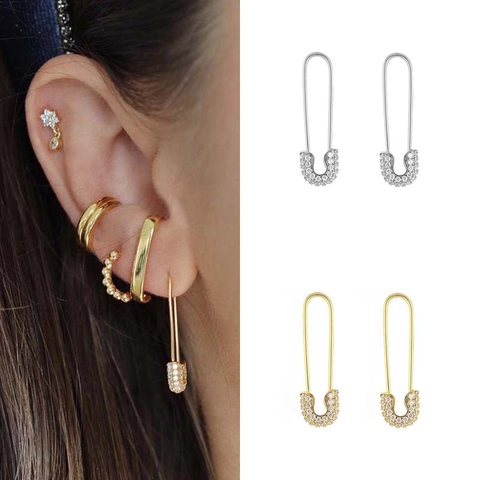 Safety Pin Earrings Copper Gold Plated Cubic Zirconia Inlaid Geometric Paperclip Dangle Drop For Women Modern Punk Style