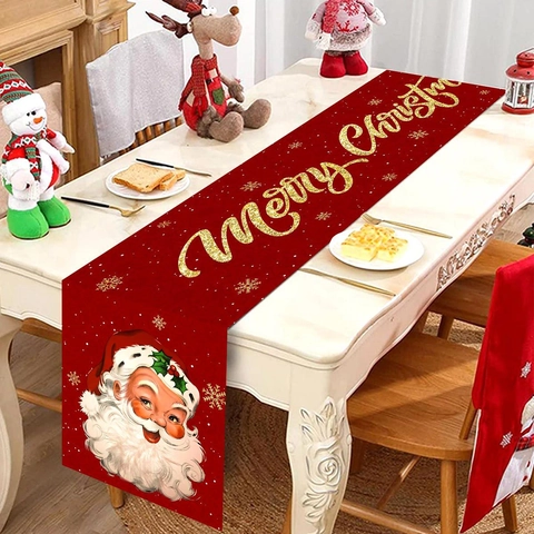Camino De Mesa Navidad Poliéster Cabeza Papá Noel Rojo Brillo Estampado Merry Christmas Copo De Nieve Decoración Cena Fiesta