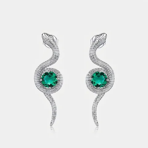 Pendientes de Botón de Serpiente de Plata de Ley S925 para Mujer Esmeralda de Laboratorio Piedra Verde Strass Joyería