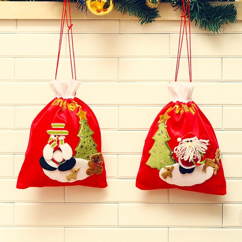 Weihnachtsgeschenkbeutel Samtstoff 3D Cartoon Stickerei Weihnachtsmann Schneemann Rentier Kordelzugbeutel Party Deko