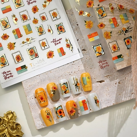 Sunflower Nail Art Decals Embossed Retro Oil Painting Gold Frame Stamp Design Adhesive Appliques DIY Manicure Decor