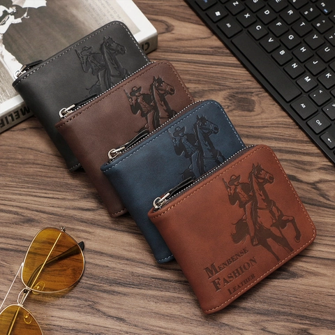 Herren Retro Kurze Geldbörse PU-Leder Reißverschluss Mehrere Kartenfächer Cowboy Geprägtes Design Vintage-Stil