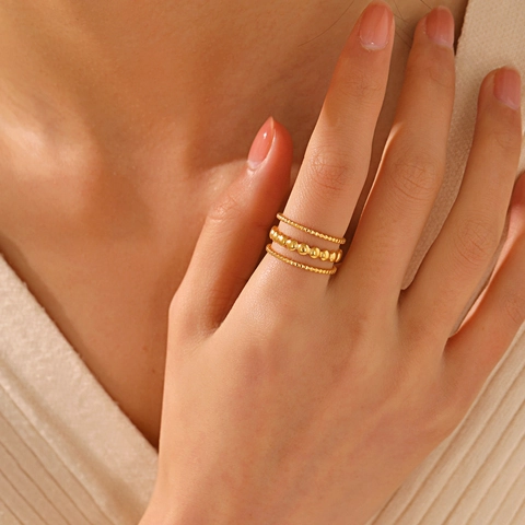 Anillo Abierto Ajustable De Múltiples Capas Con Líneas De Cuentas Acero Inoxidable Chapado En Oro Joyería Para Mujeres