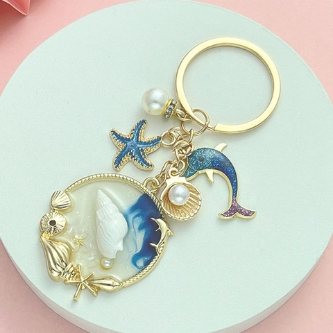 Ocean Theme Blue Keychain With Dolphin Starfish Shell Artificial Pearl Zinc Alloy Gold Plated Creative Bag Pendant Key Ring