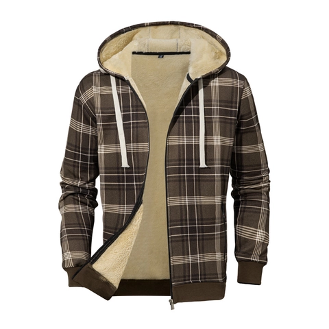 Herren Karierte Kapuzenjacke Verdickt Sherpa Gefüttert Warm Winter Fleece Reißverschluss Casual Outerwear Mantel
