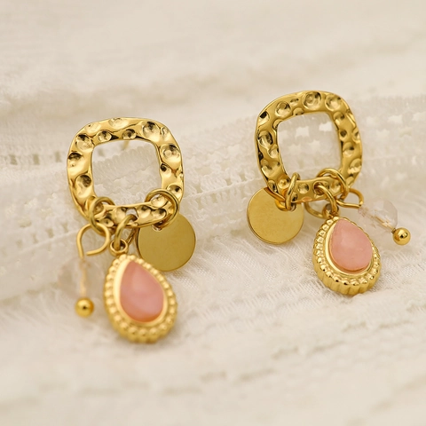 Orecchini In Acciaio Inossidabile Martellato Con Ciondolo A Goccia In Quarzo Rosa Placcato Oro 18K Gioielli Retro Bohémien