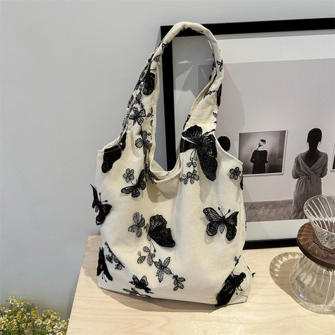 Butterfly Embroidered Lace Canvas Tote Bag Women Large Capacity Artistic Shoulder Bag Casual Shopping Handbag Off-White Black