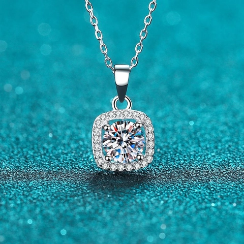 Square Halo Pendant Necklace 925 Sterling Silver Moissanite Round Cut Zircon Sparkling Elegant Jewelry For Women