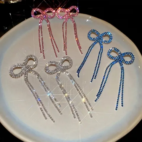 Orecchini A Fiocco Con Frange Con Perno In Argento Rame Rhinestone Elegante Lucido Goccia Lunga Per Donne