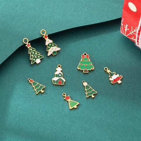 Stainless Steel Christmas Tree House Pendants Enamel Drip Oil Charms DIY Jewelry Making Accessories For Necklace