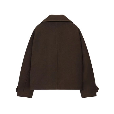 Dames Korte Wollen Jas Double Breasted Reverskraag Donkerbruin Casual Mode Effen Kleur Elegante Herfst Winter Jas