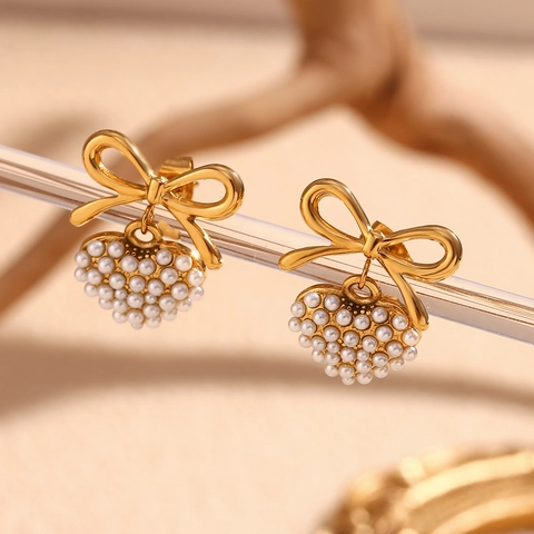 Stainless Steel Bowknot Heart Pendant Stud Earrings With Faux Artificial Pearl Elegant French Retro Gold Plated Jewelry For Women