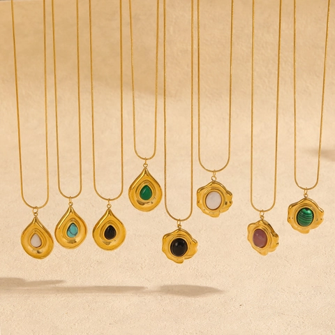 Vintage Stainless Steel Necklace Gold Plated Water Drop Turquoise Tiger Eye Stone Pendant Snake Chain Retro Luxury Jewelry