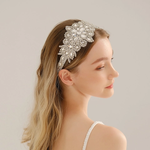 Luxe Strass Bruids Hoofdband Glinsterende Legering Bloem Blad Haarband Elastische Bruiloft Feest Hoofdtooi Voor Vrouwen