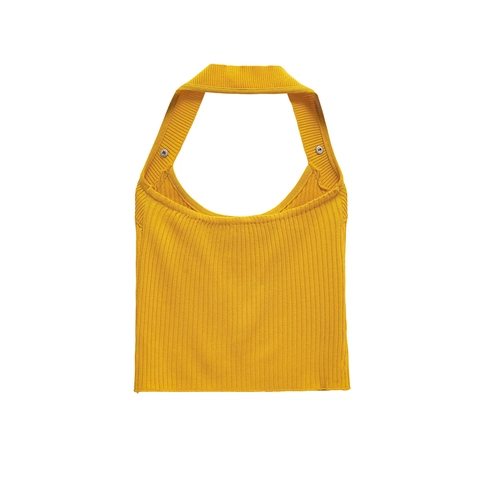 Women Halter Tank Top Ribbed Knit Sexy Yellow Slim Fit Sleeveless Summer Vest Neckline Buttons Solid Color Soft Casual