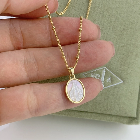 Virgin Mary Mother Necklace Natural White Mother Of Pearl Pendant 18K Gold Plated Copper Religious Jewelry For Women