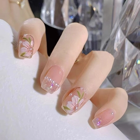 Unghie Finte Fatte A Mano Stile Francese Perla Artificial Camelia Fiore Glitter Rosa Traslucido Elegante Sposa Matrimonio Donne