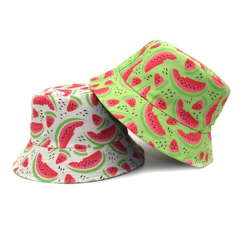Reversible Bucket Hat Cotton Polyester Sun Protection Outdoor Travel Watermelon Fruit Print For Men Women