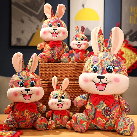 Chinese New Year Zodiac Rabbit Plush Toy Suede Fabric Floral Pattern Stuffed Animal Doll For Home Decoration Festive Gift