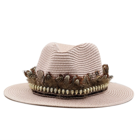 Straw Fedora Hat With Feather And Metal Skull Beads Sun Protection Beach Vacation Bohemian Style For Women Men