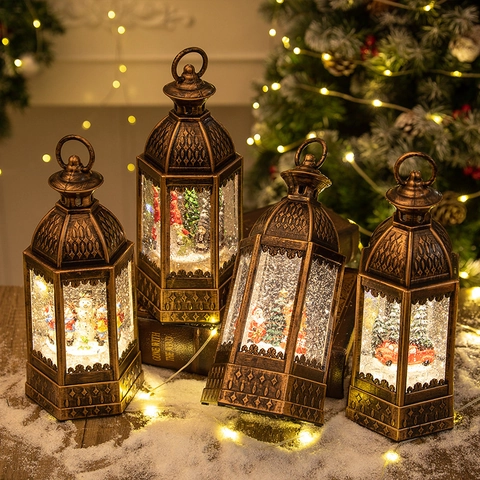 Christmas Snow Globe Lantern LED Lighted Spinning Water Glitter Retro Bronze Decorative Lamp Holiday Desktop Ornament Santa Snowman Scene