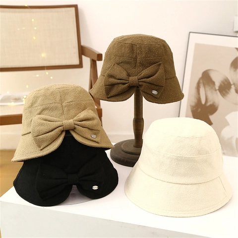Japanischer Stil Damen Herbst Fischerhut Mit Großer Schleife Texturierter Polyester Sonnenschutz Hut Elegant Lässig